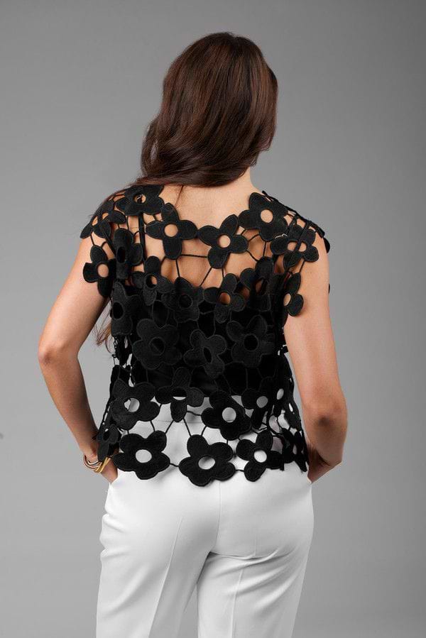 Floral Open Knit Vest Top - Black