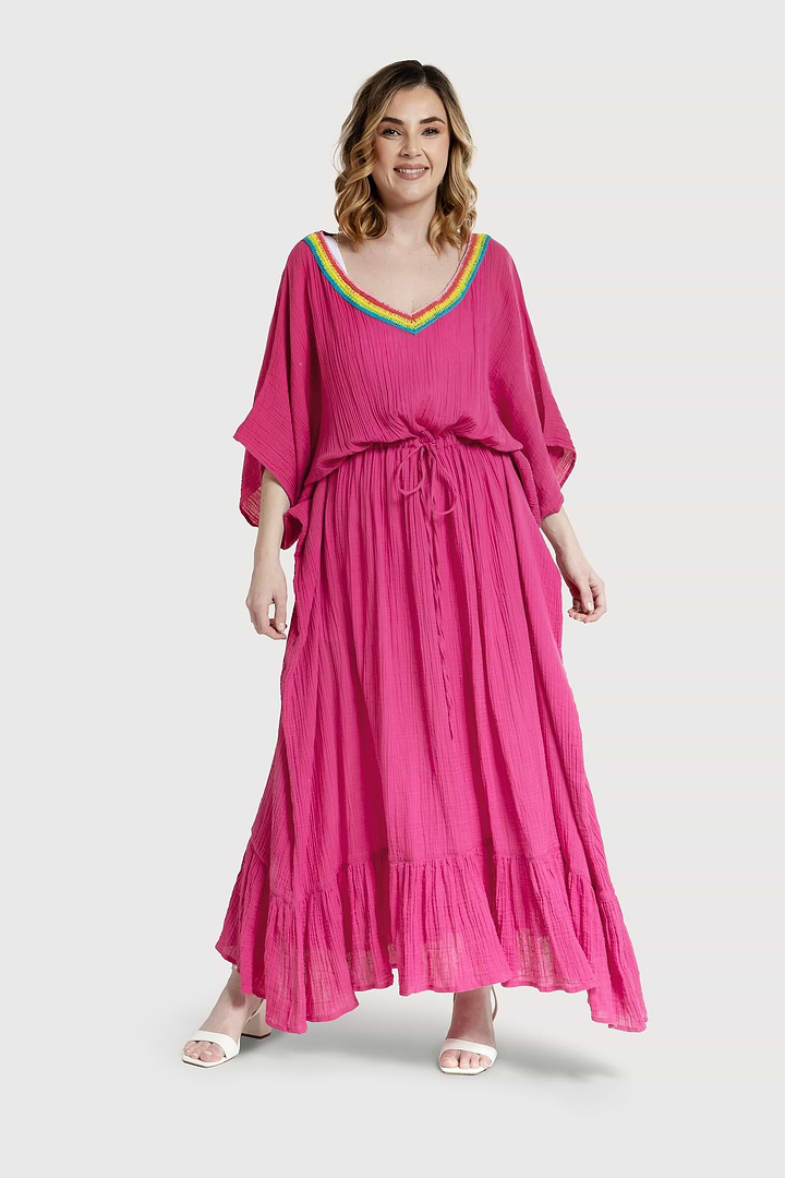 Crochet Rainbow Kaftan Maxi - Magenta