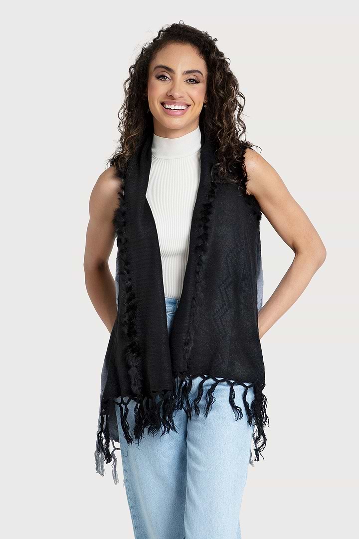 Fur Fringed Vest Black
