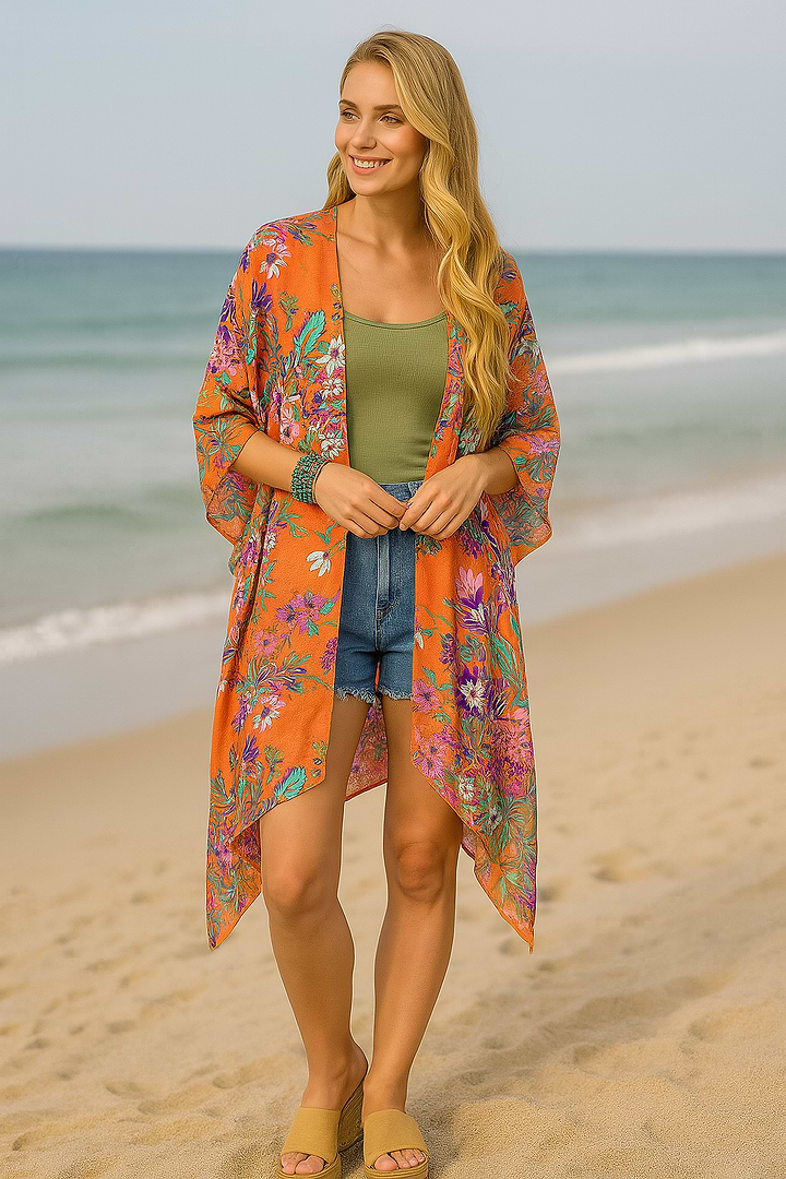 Flowy Floral Kimono - SAACHI - Coral