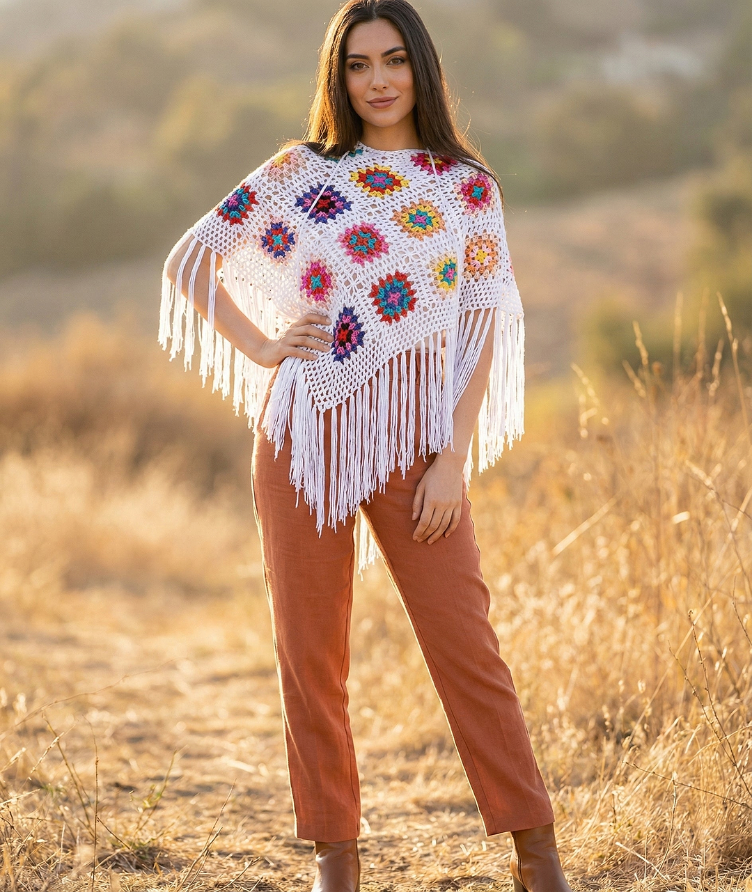 White Square Crochet Fringe Poncho - White