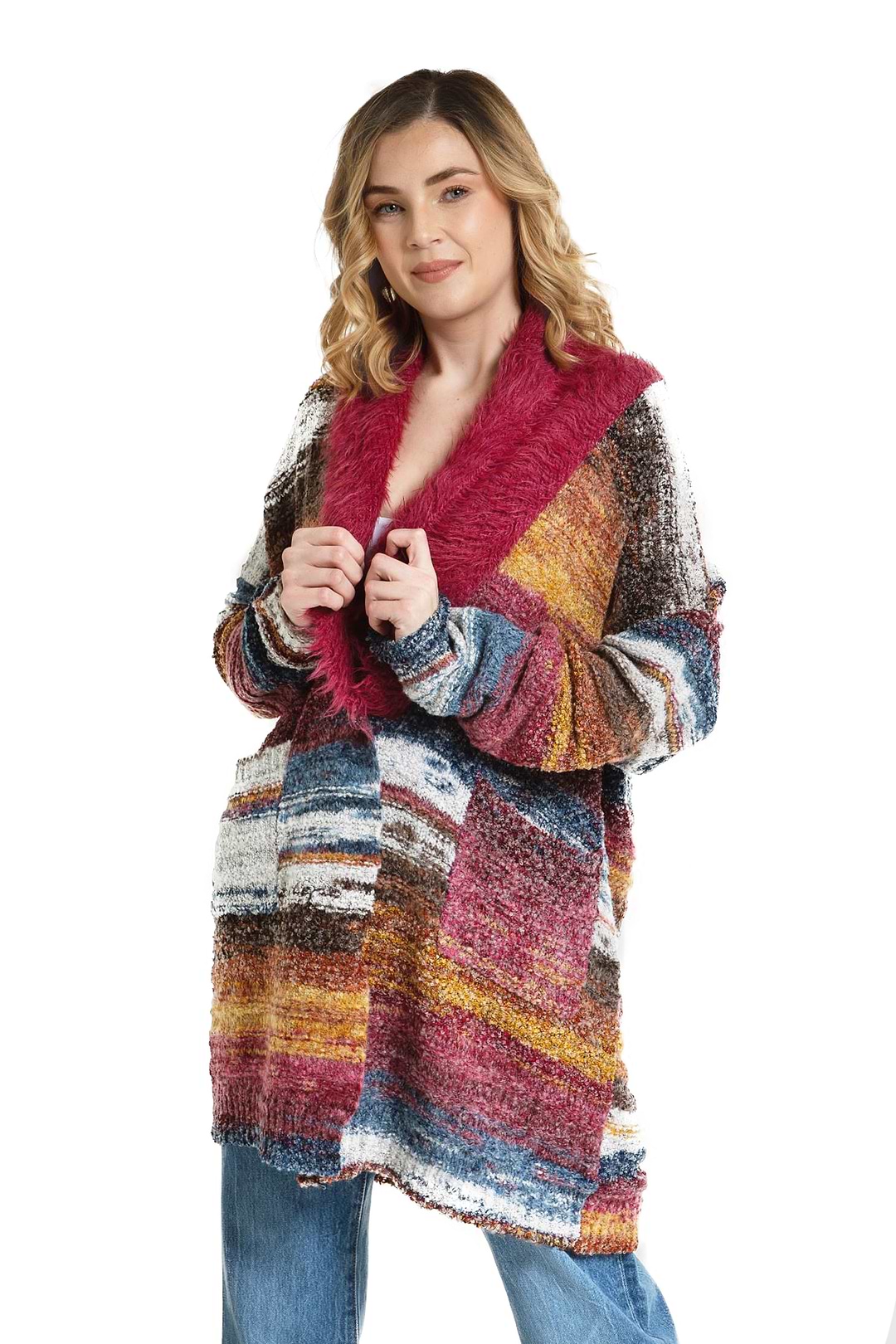 Fur Collared Long Cardigan Sweater - Indian Red