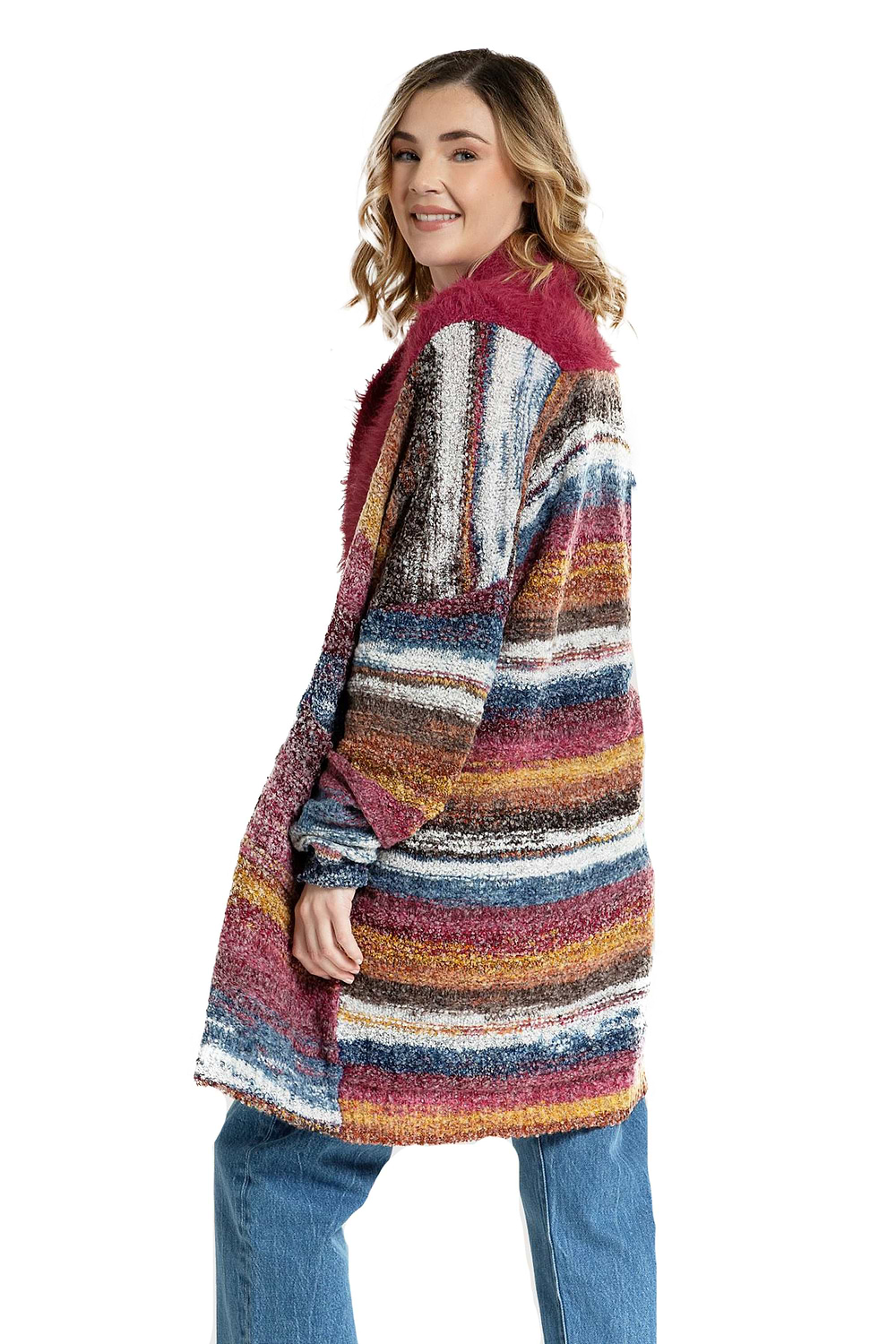 Fur Collared Long Cardigan Sweater - Indian Red