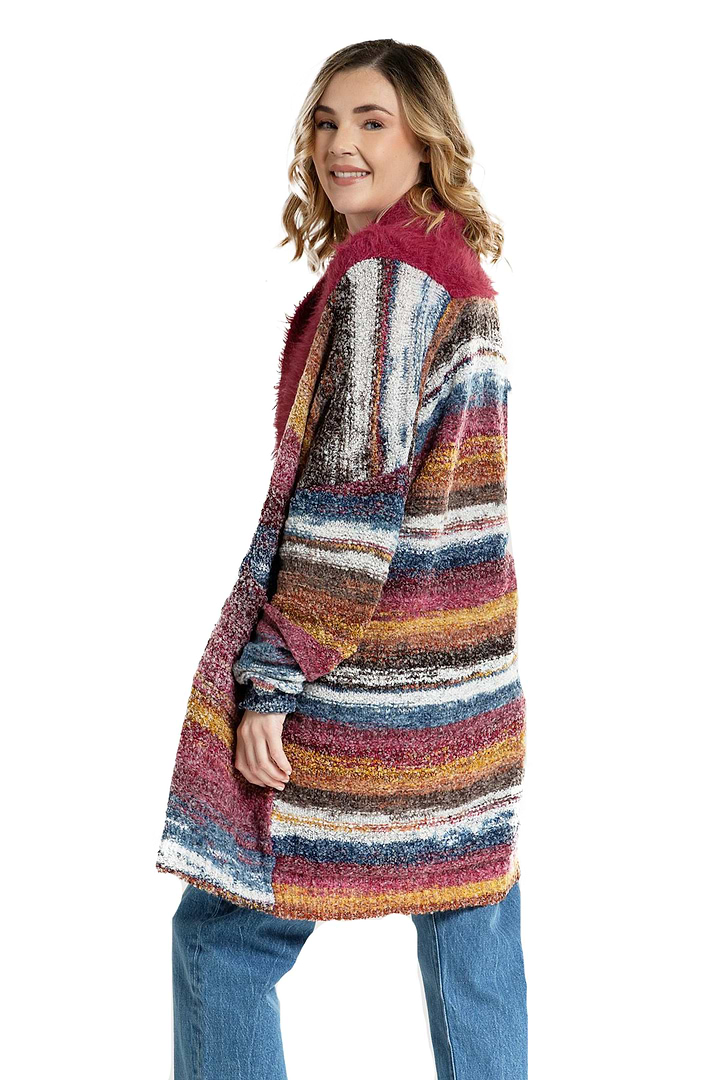 Fur Collared Long Cardigan Sweater - Indian Red