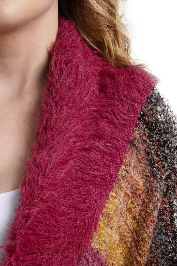 Fur Collared Long Cardigan Sweater - Indian Red