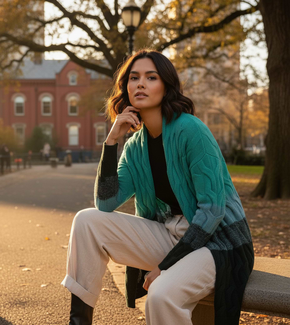 Cable Knit Color Block Cardigan - Medium Turquoise