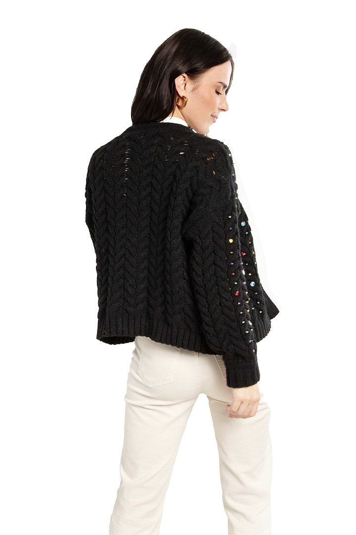 Cable Knit Cardigan Gemstone Pattern - Black
