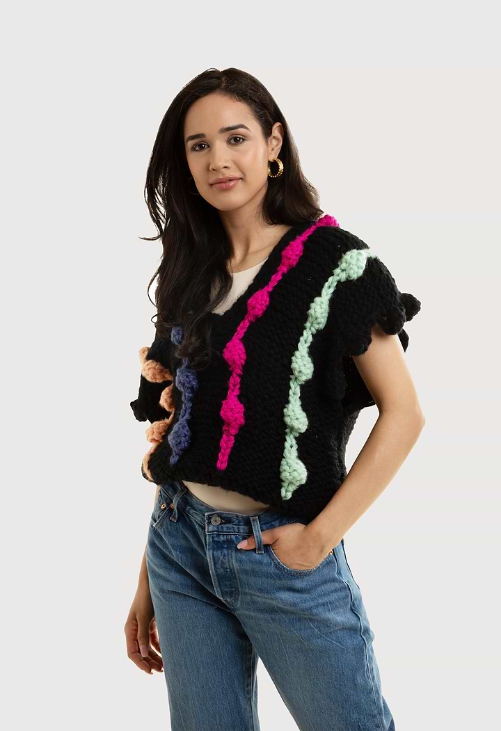 Multi Chunky Knit Sweater Vest - Black