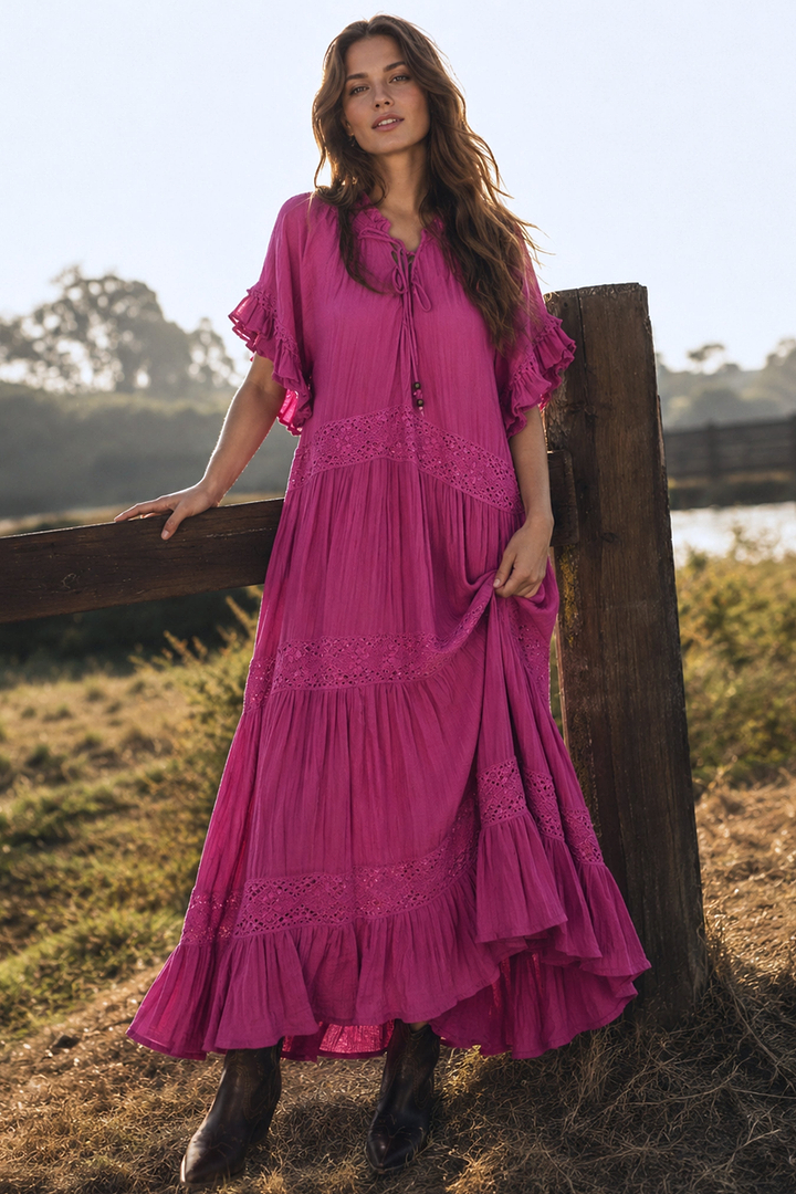 Cotton Long Kaftan Dress - Magenta