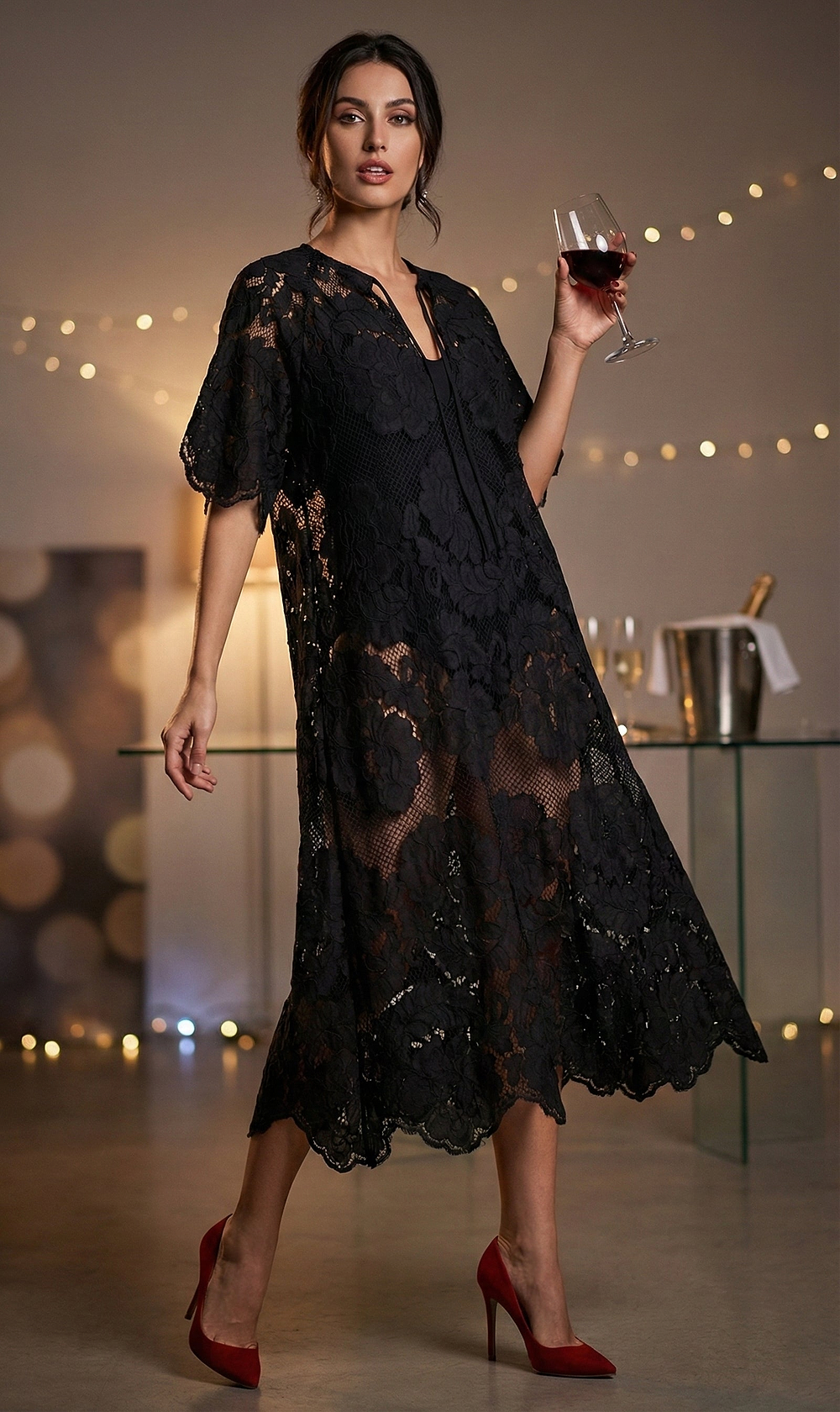 Floral Mesh Lace Kaftan - Black