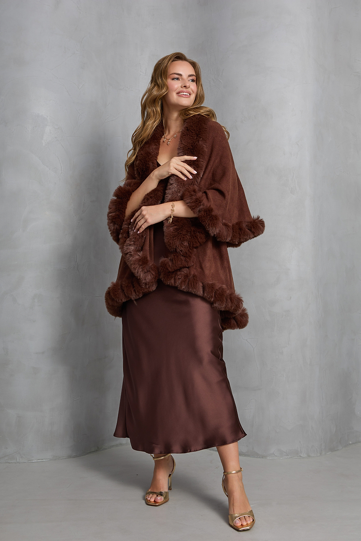 Layered Kimono Faux Fur Cape - Brown
