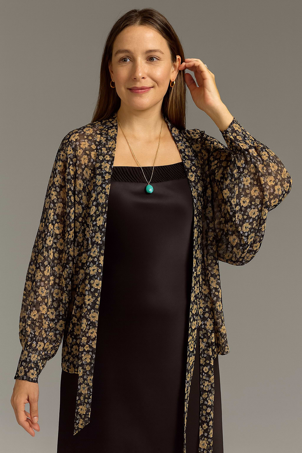 Tie Front Floral Kimono - Black