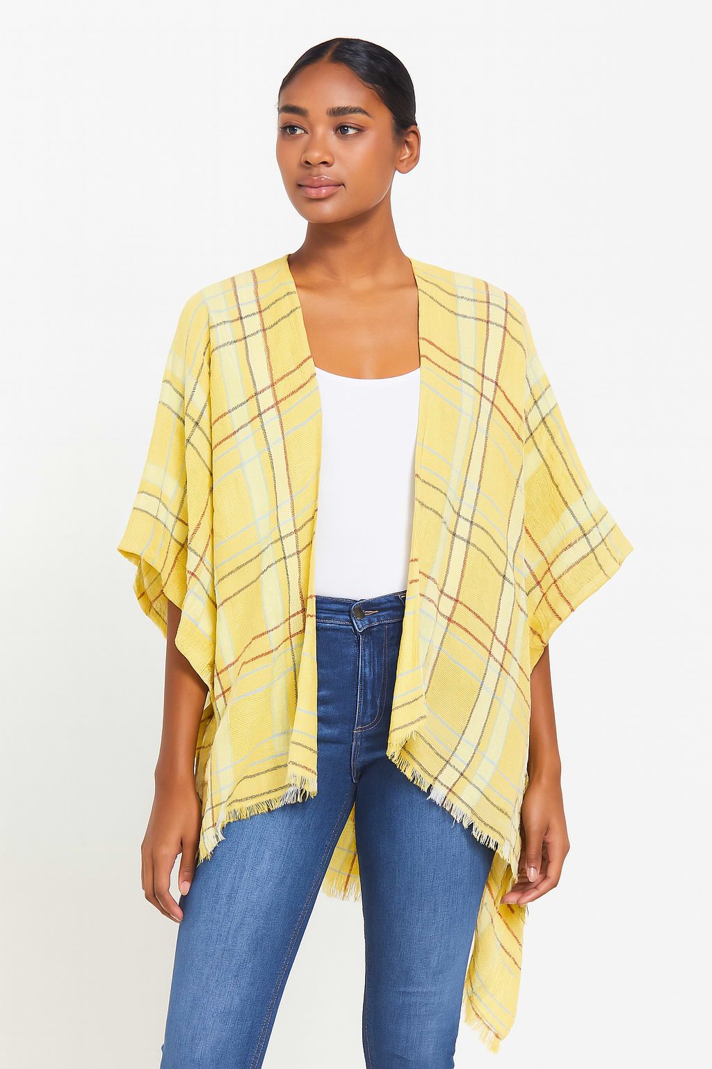 Linen Cotton Plaid Kimono - Khaki