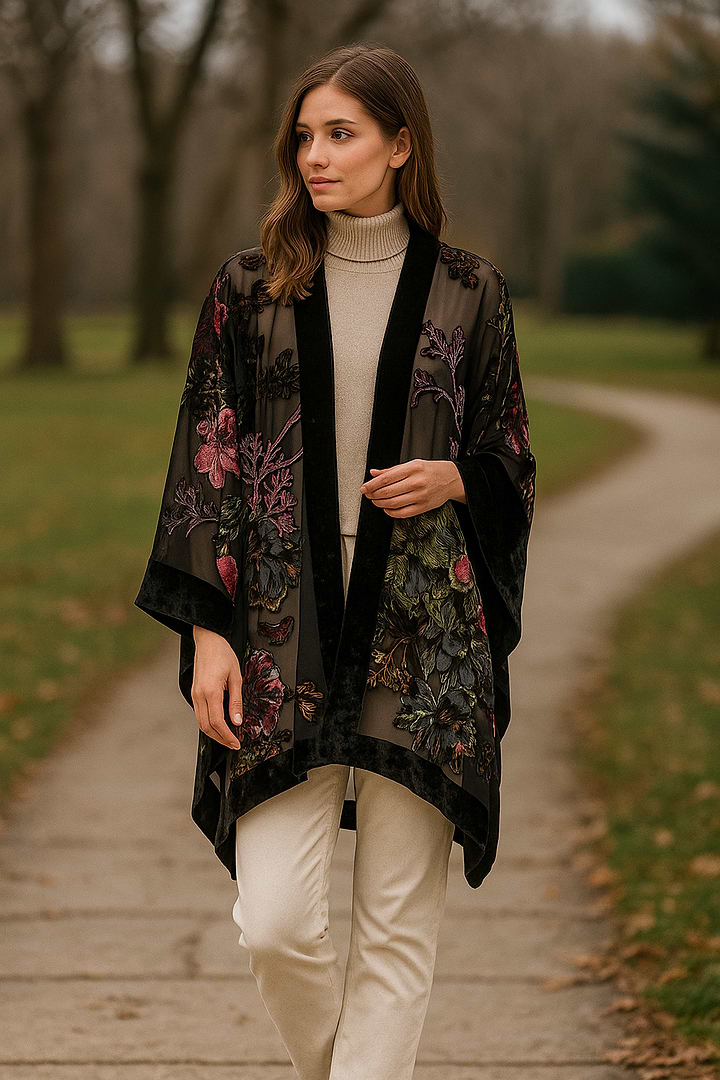 Black Velvet Kimono for Winter - Black