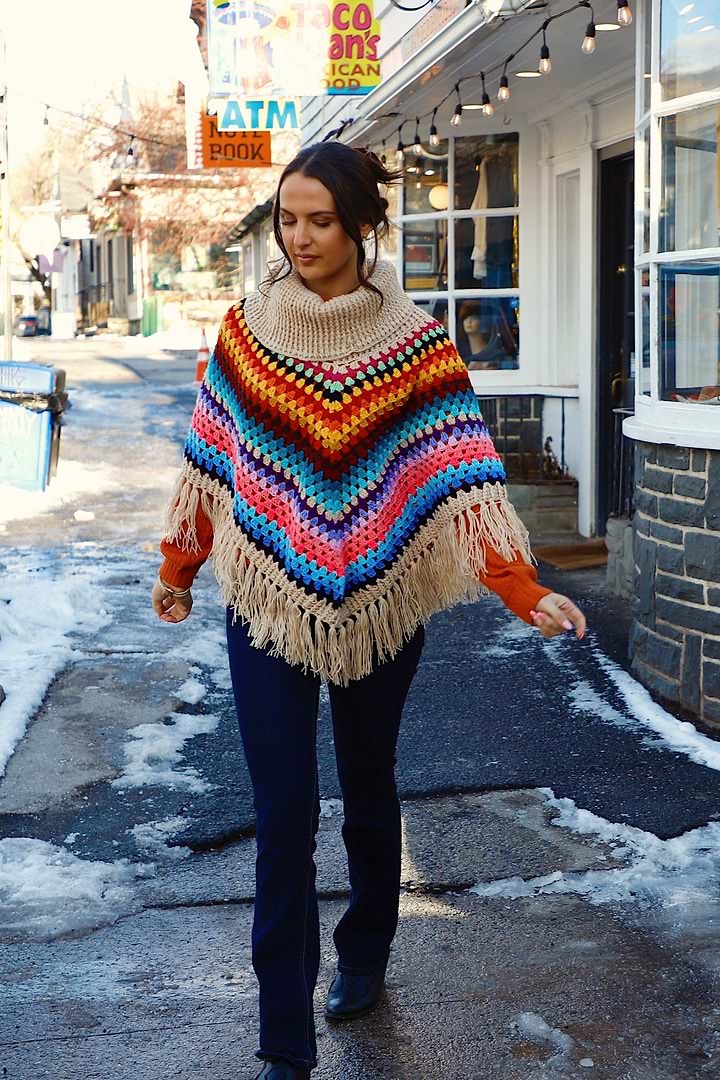 Rainbow Crochet Turtleneck Sweater Poncho