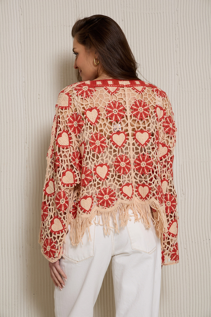 Flower Heart Crochet Poncho-red
