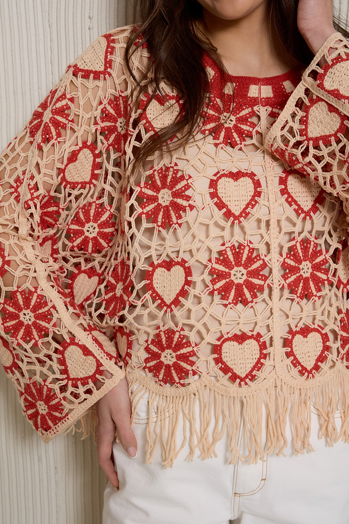Flower Heart Crochet Poncho-red