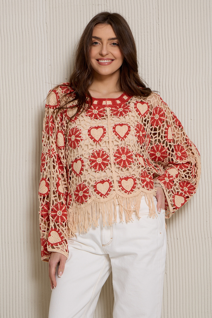 Flower Heart Crochet Poncho-red