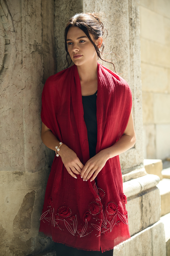 3D Floral Embellished Wool Scarf - Crimson