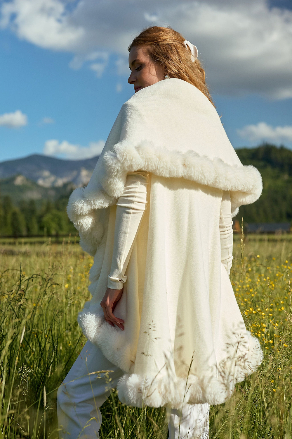 Layered Kimono Faux Fur Cape - White