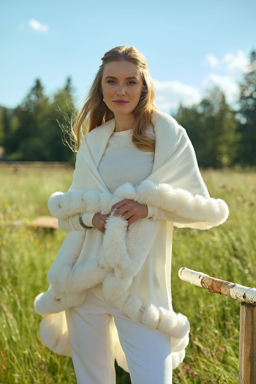 Layered Kimono Faux Fur Cape - White