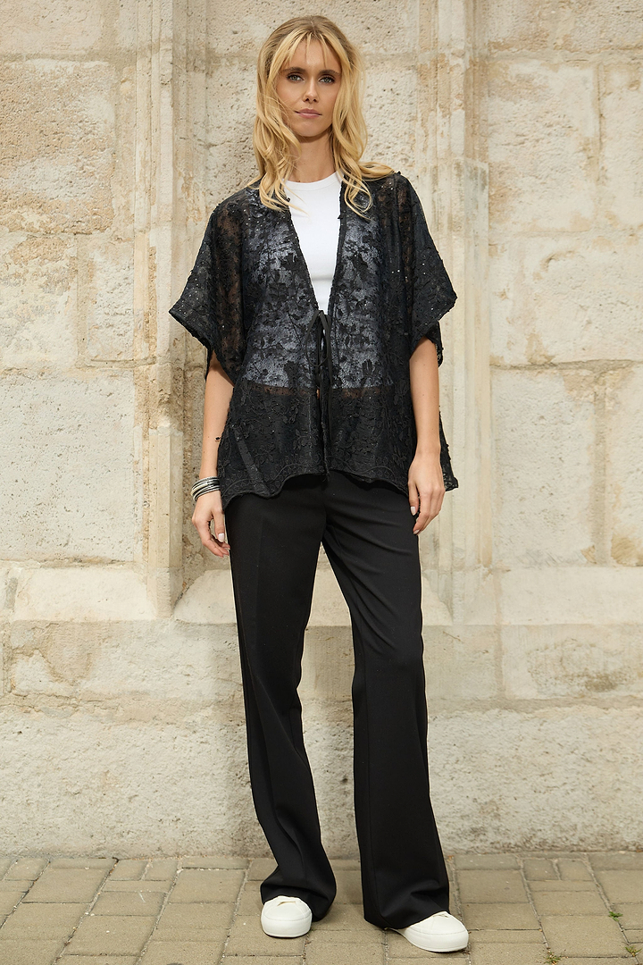 Floral Lace Tie Front Ruana - Black