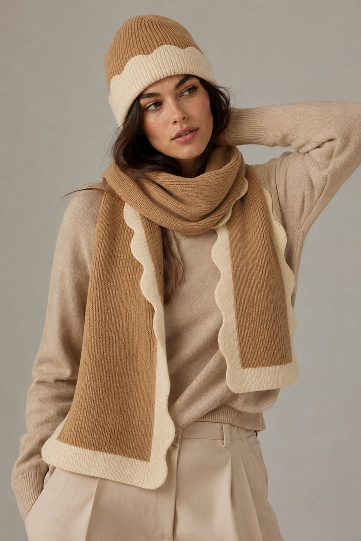 Scallop Trim Knit Beanie - Taupe