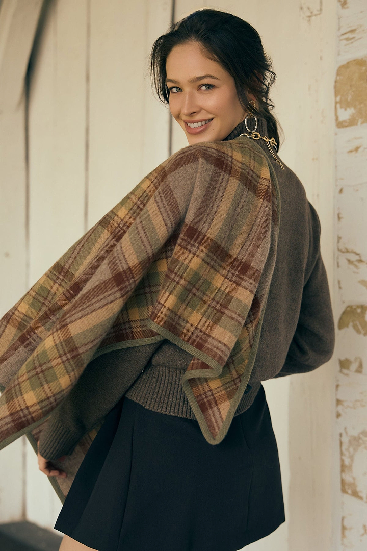 Plaid Wool Triangle Scarf - Grey