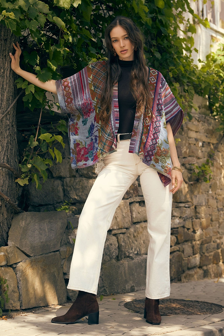 Floral Geometric Short Open Poncho - Dark Multi