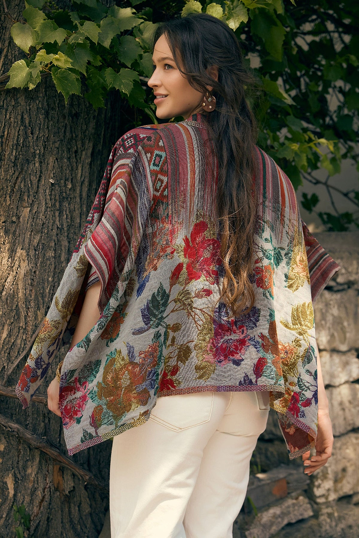 Floral Geometric Short Open Poncho - Dark Multi