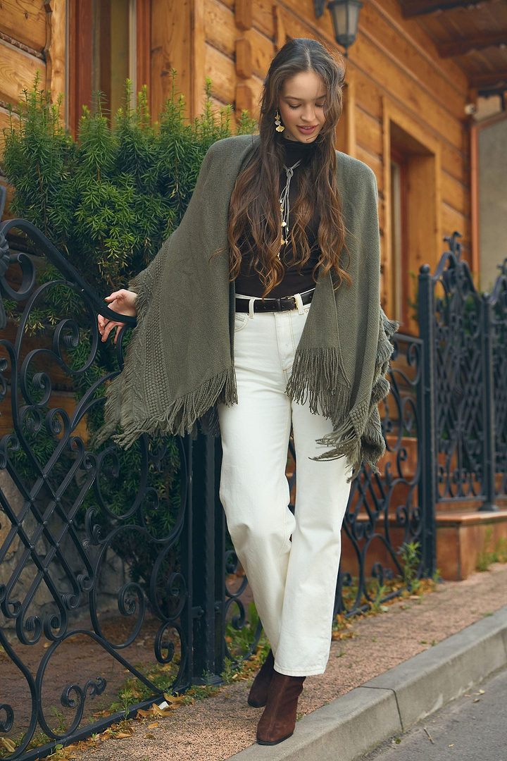 Fringed Trim Kimono - Green