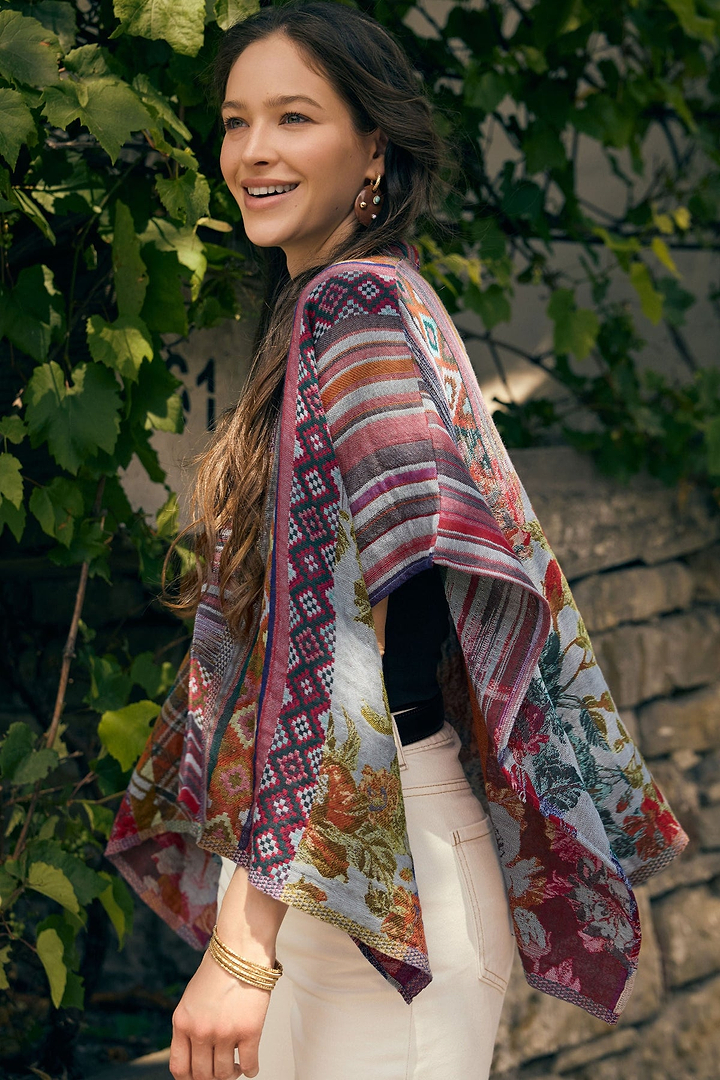 Floral Geometric Short Open Poncho - Dark Multi