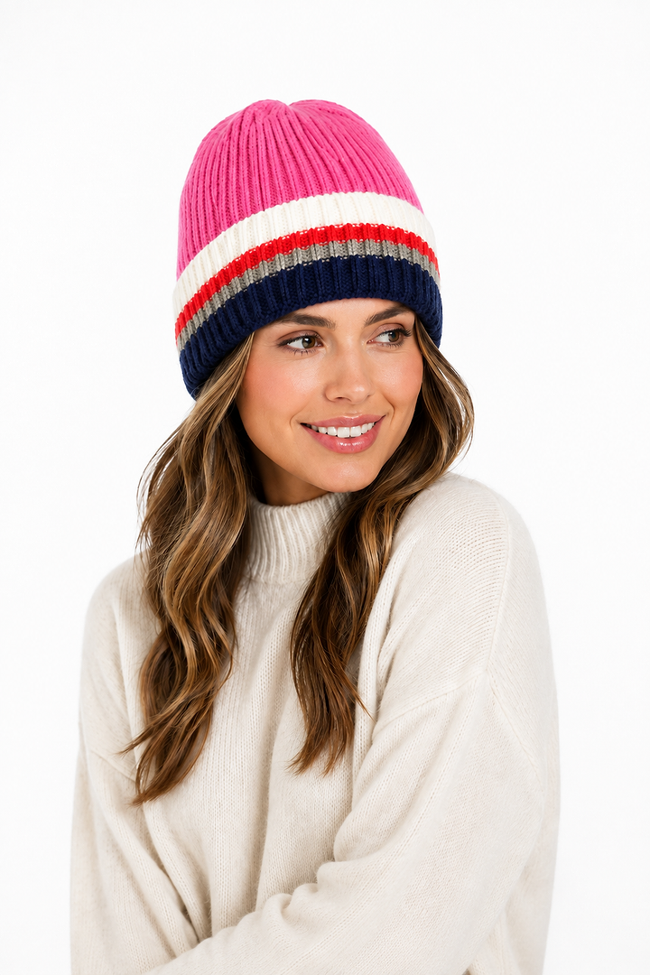 Striped Knit Beanie Hat - Pink Multi