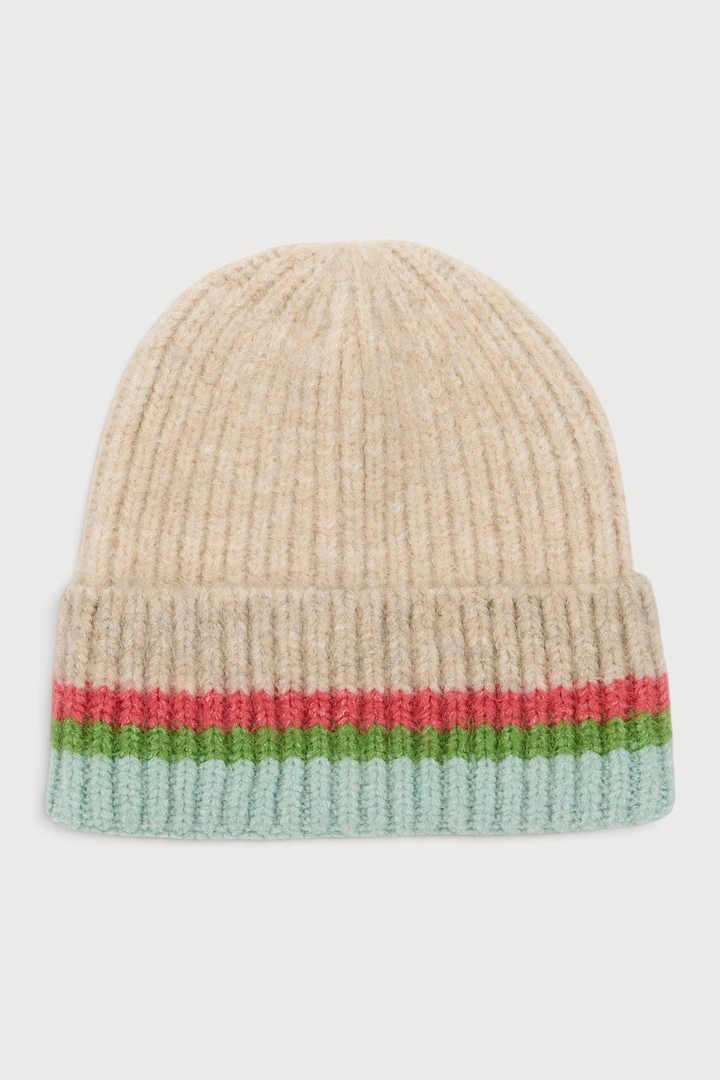 Striped Knit Beanie Hat - Natural