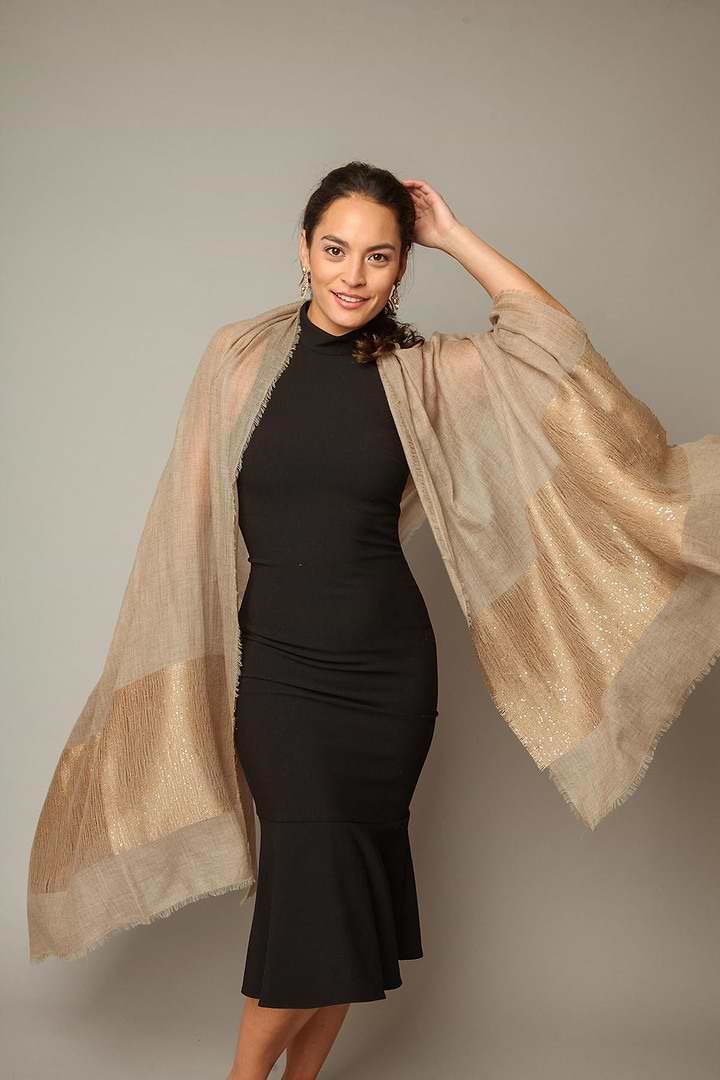 Embellished Cashmere Wrap - Wheat