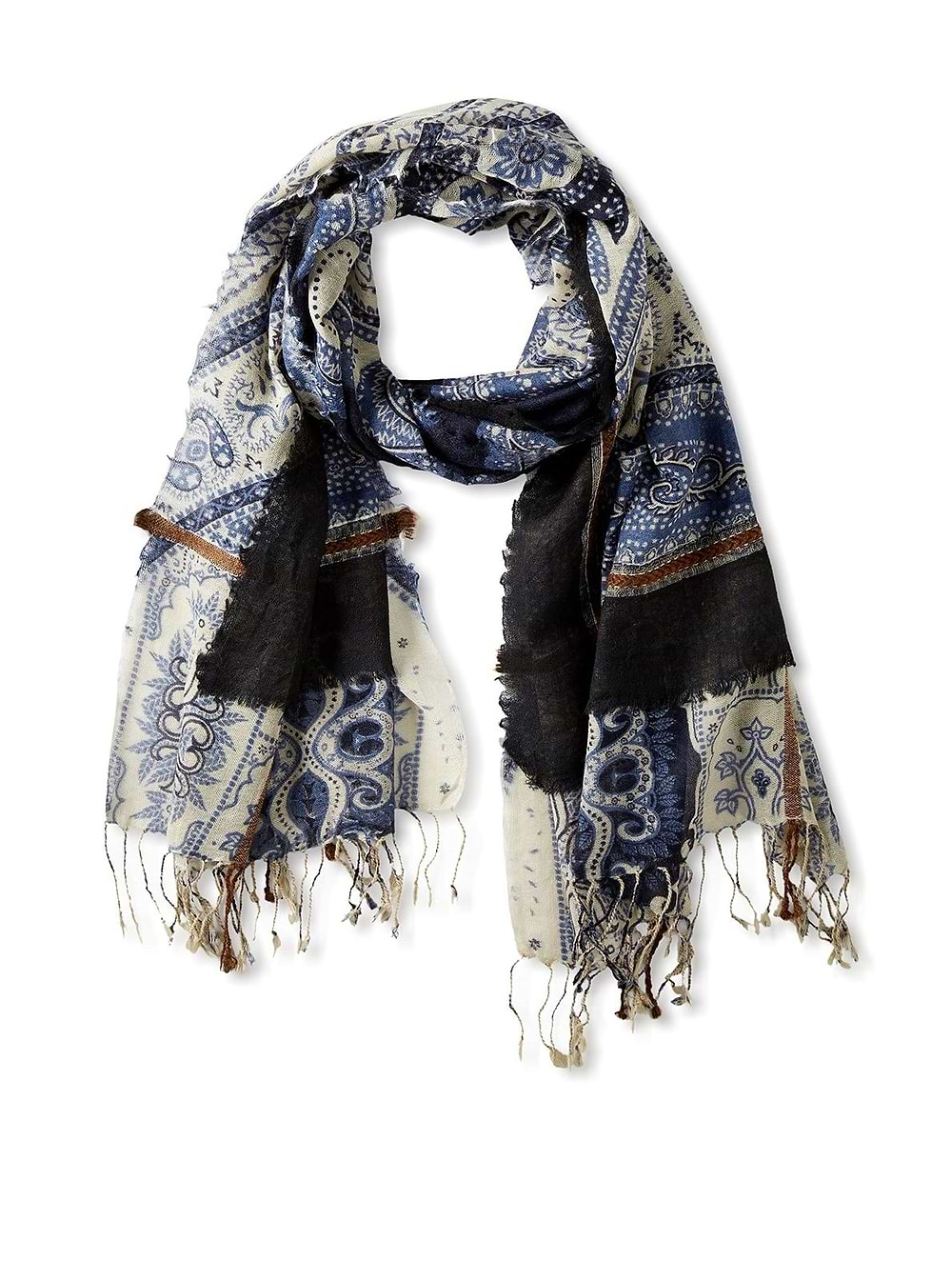 Paisley Patchwork Frayed Scarf - Corn Flower Blue