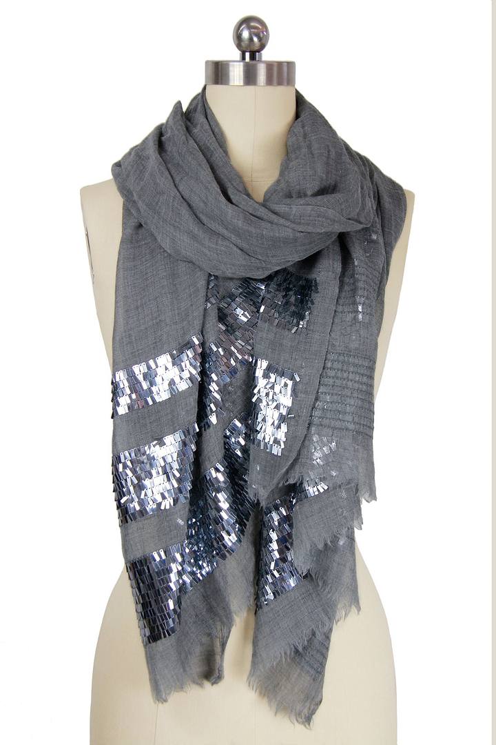 Fringe Sequins Scarf - Grey