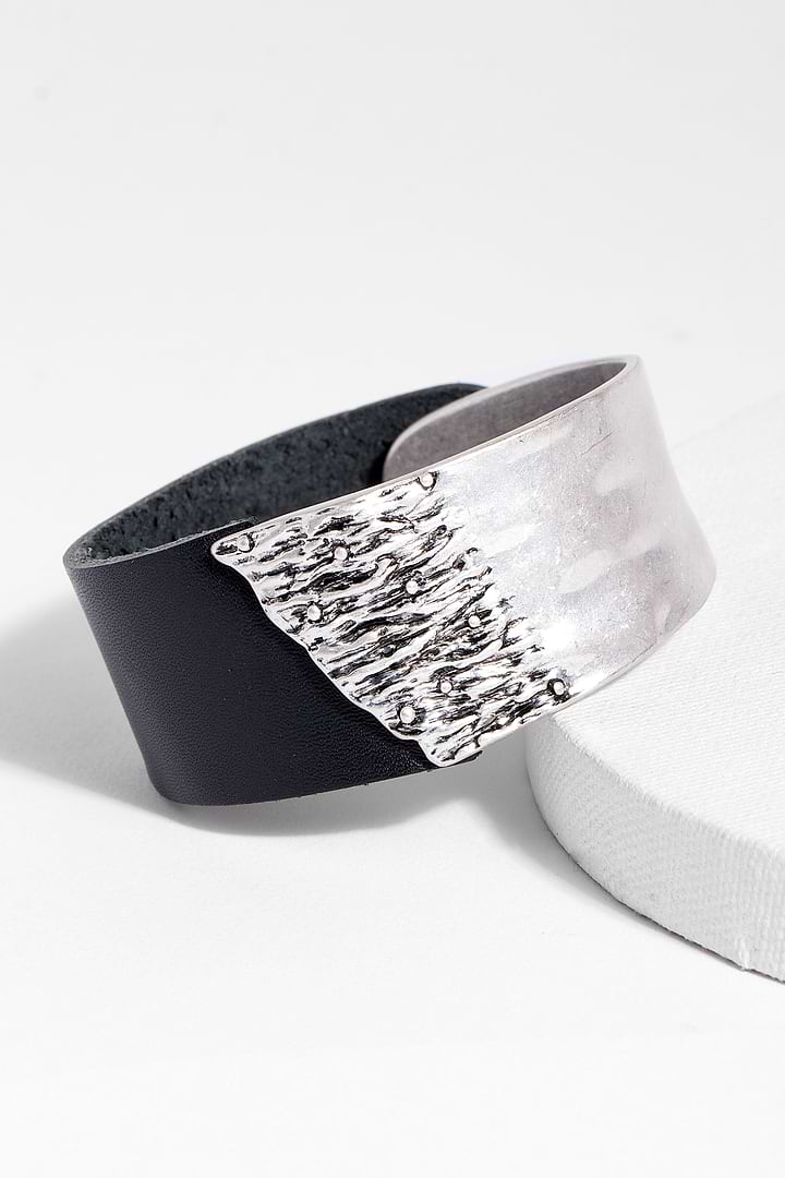 Leather Metal Statement Bracelet - SAACHI - Silver