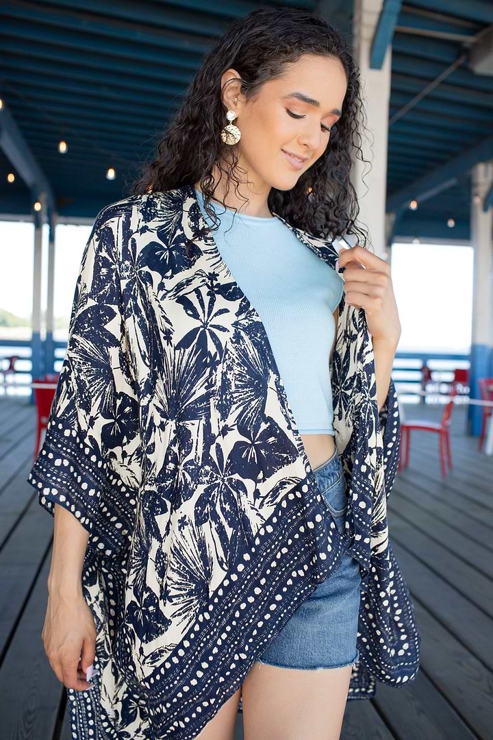 Tropical Print Kimono - Navy