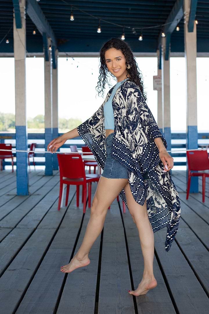 Tropical Print Kimono - Navy