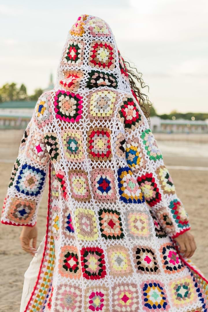 Hooded Granny Square Crochet Kimono White
