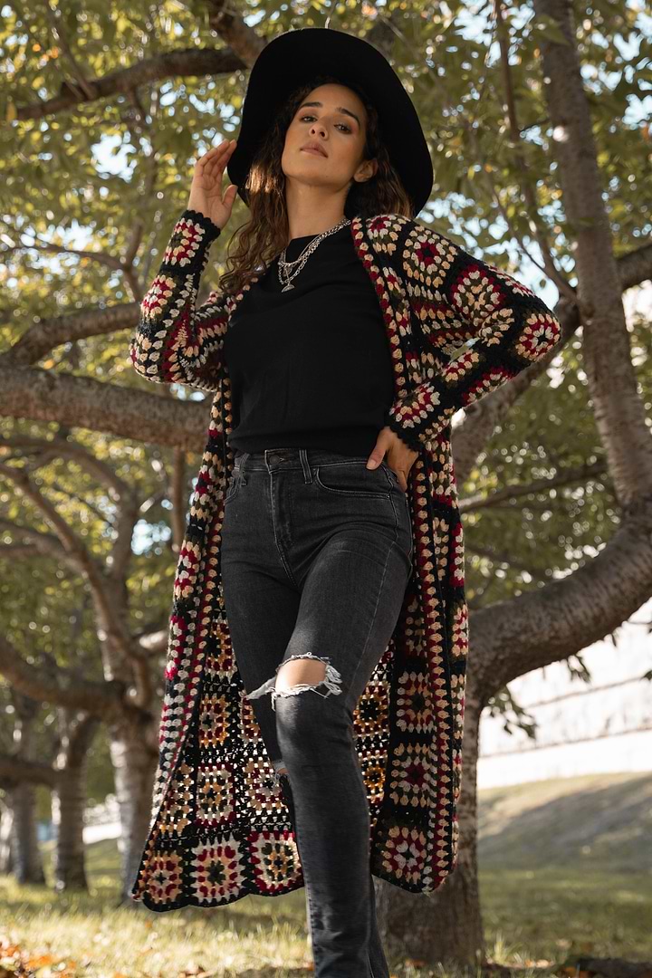 Crochet Kimono Long Cardigan Sweater - Black