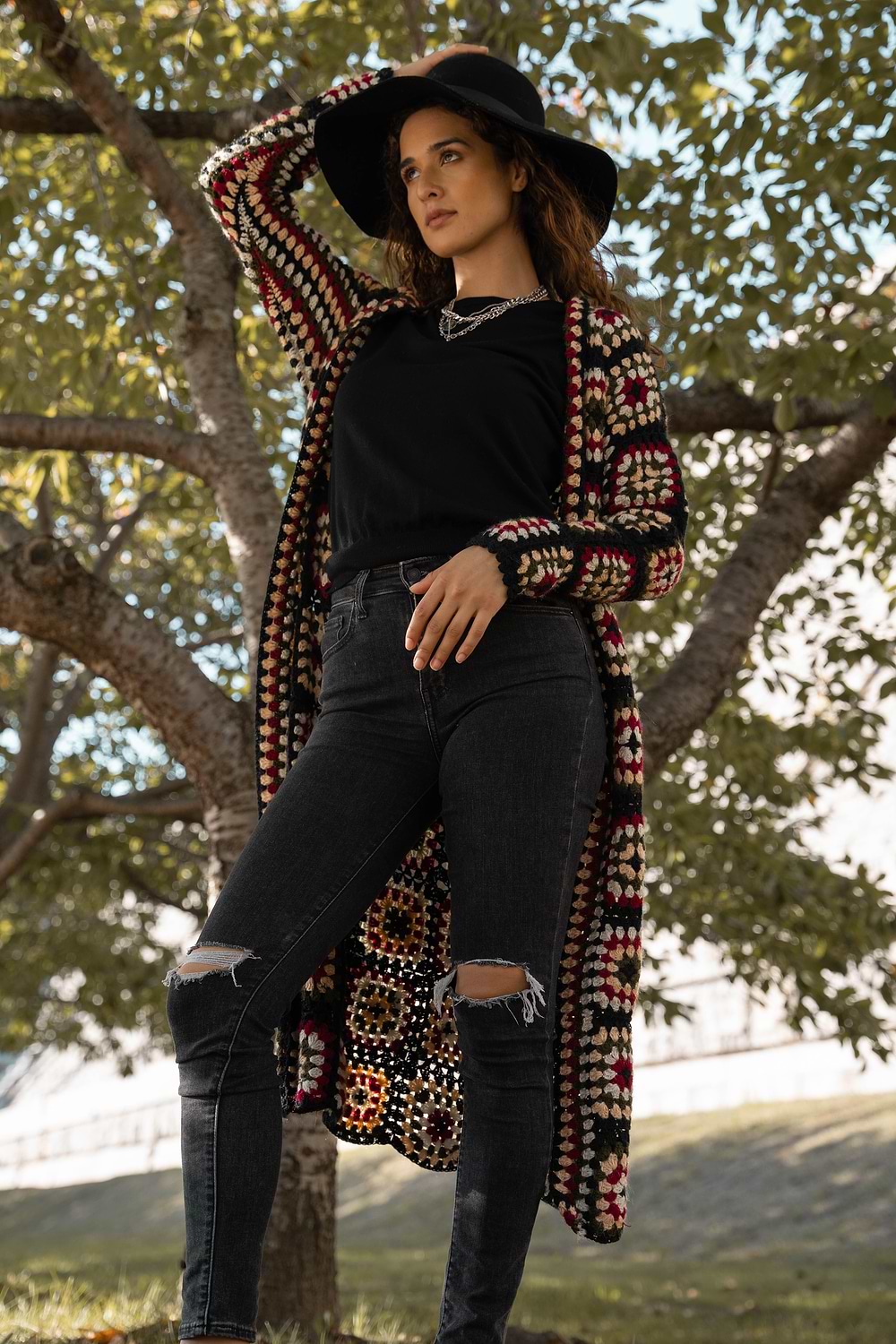 Crochet Kimono Long Cardigan Sweater - Black