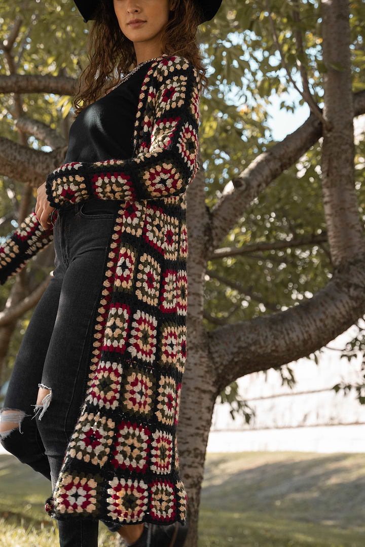 Crochet Kimono Long Cardigan Sweater - Black