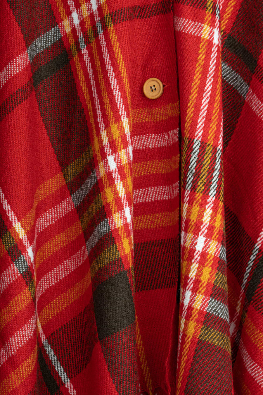 Plaid Tassel Buttoned Poncho - Red