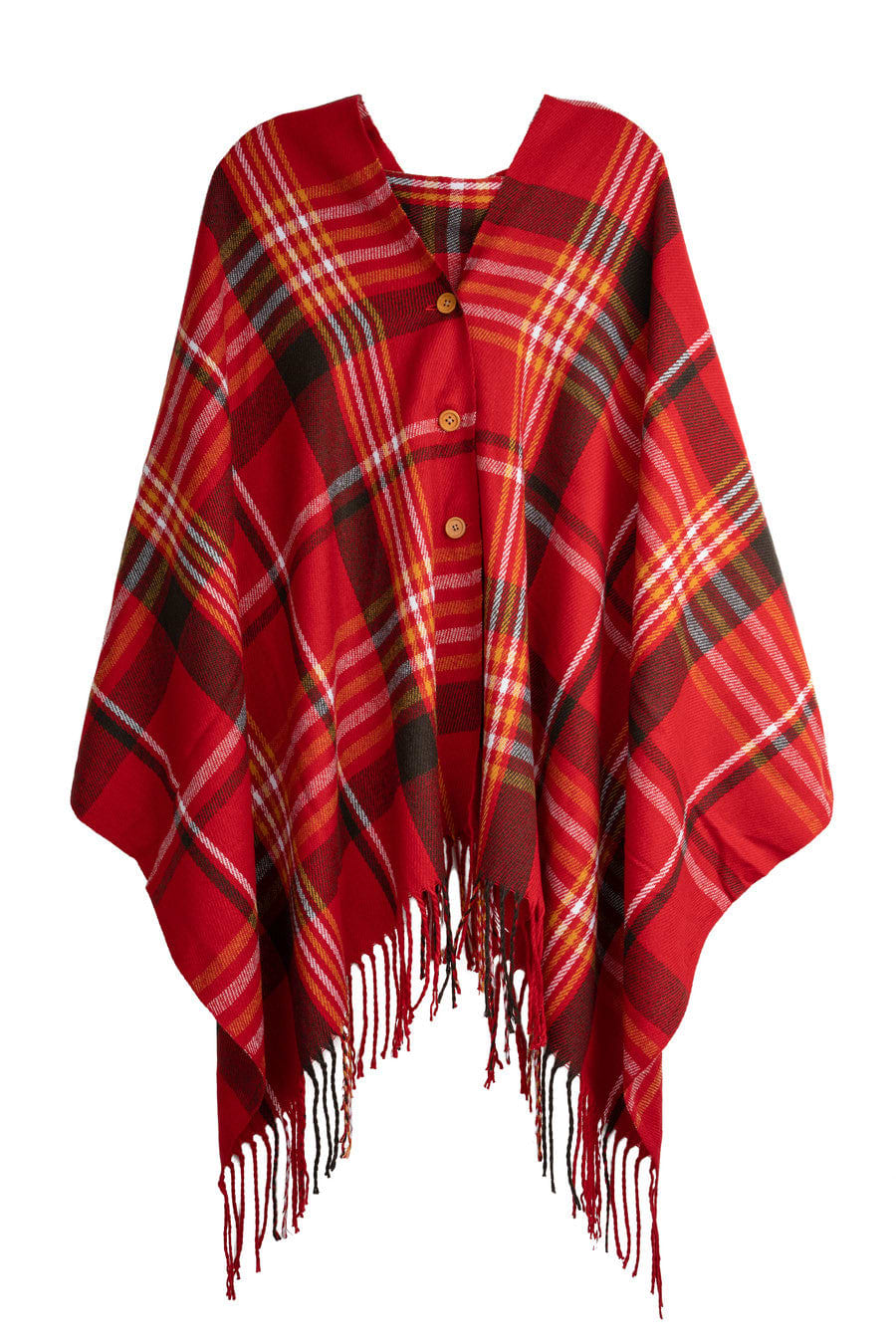 Plaid Tassel Buttoned Poncho - Red