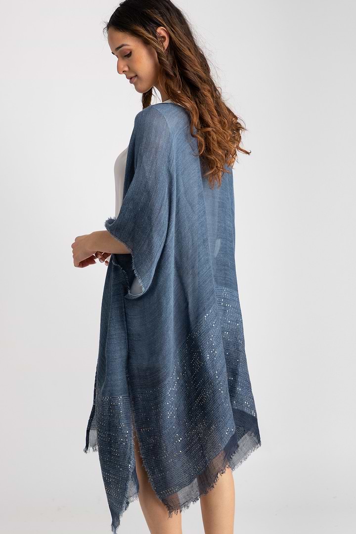 Fringed Sequin Kimono - Steel Blue