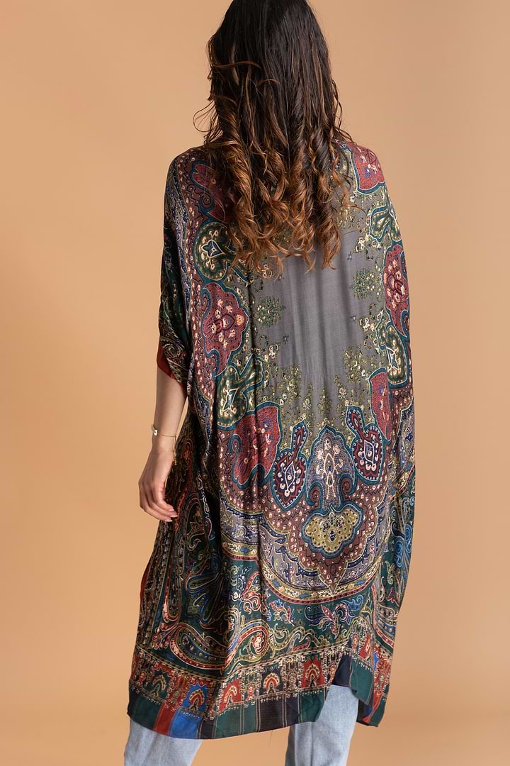 Paisley High Low Kimono Slate Gray