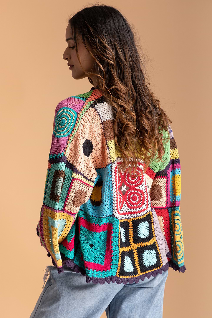 Multicolored Crochet Cardigan Cotton Jacket - Dark Multi
