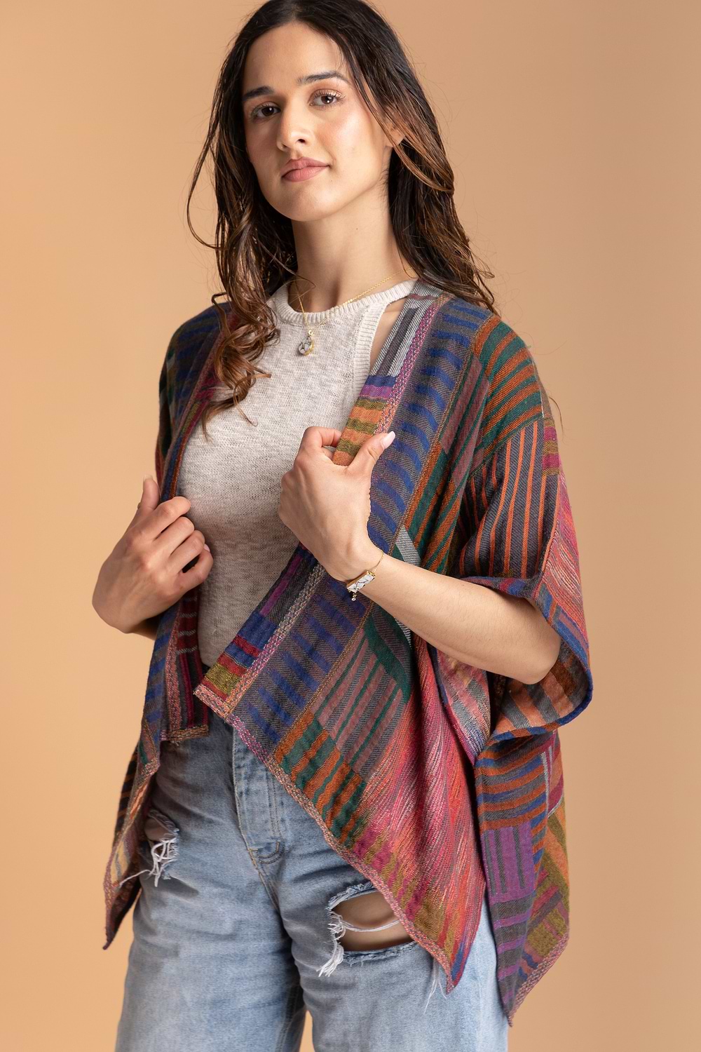 Multi Square Stripe Short Poncho - Multi